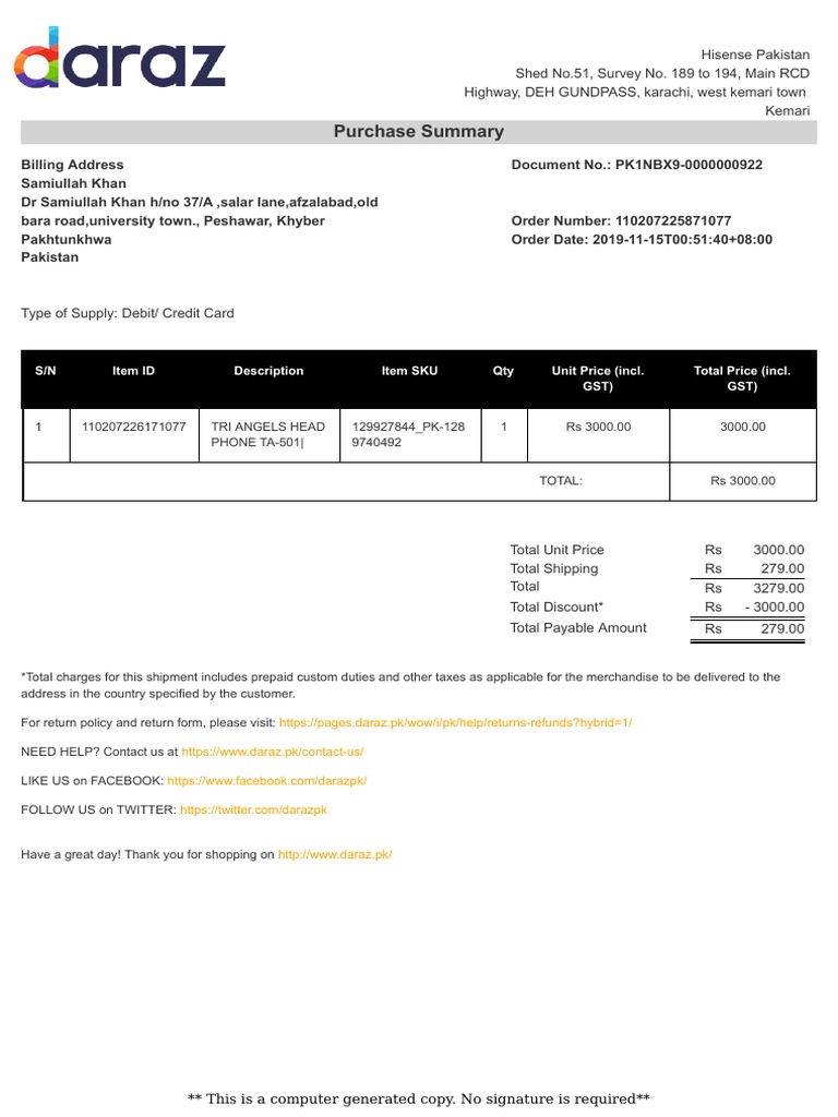 Daraz Purchase Summary Invoice | PDF | Payments | Business