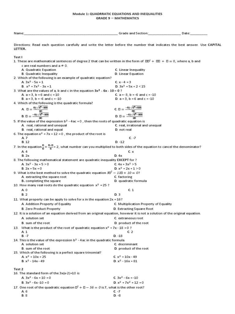 Quadratic Equation and Inequality Test | PDF | Quadratic Equation ...