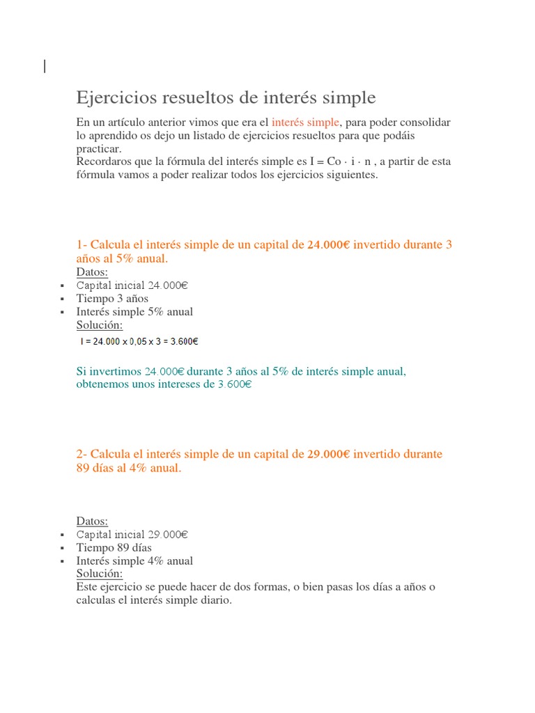 Ejercicios Resueltos de Interés Simple | PDF | Tasas de interés | Bancario