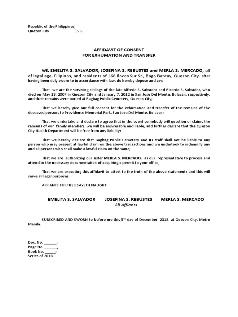 Affidavit for Exhumation Consent | PDF | Affidavit | Legal Procedure