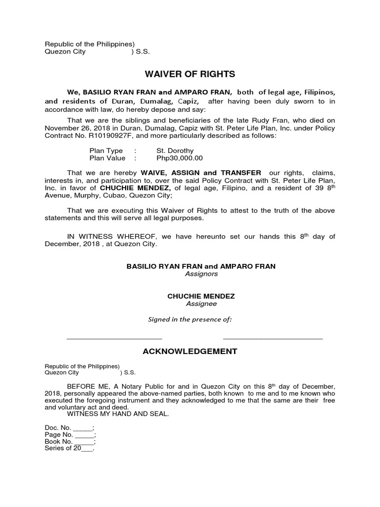 deed of assignment with waiver of rights philippines