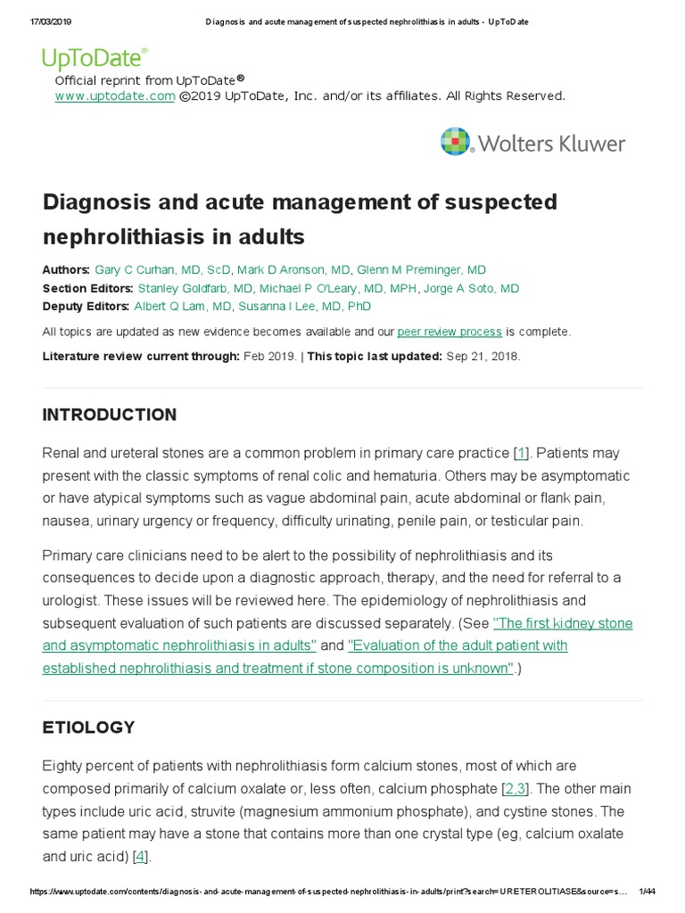 Diagnosis And Acute Management Of Suspected Nephrolithiasis In Adults Uptodate Ct Scan Medical Ultrasound