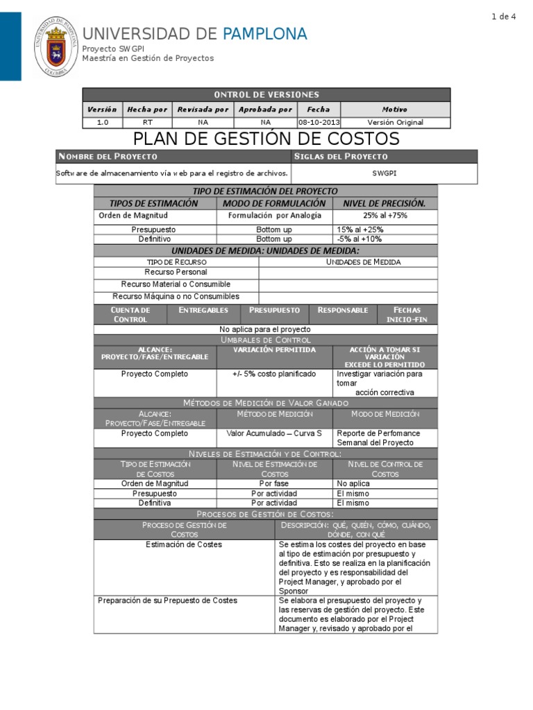 Plan de Gestión de Costos del Proyecto | PDF | Gestión de proyectos ...