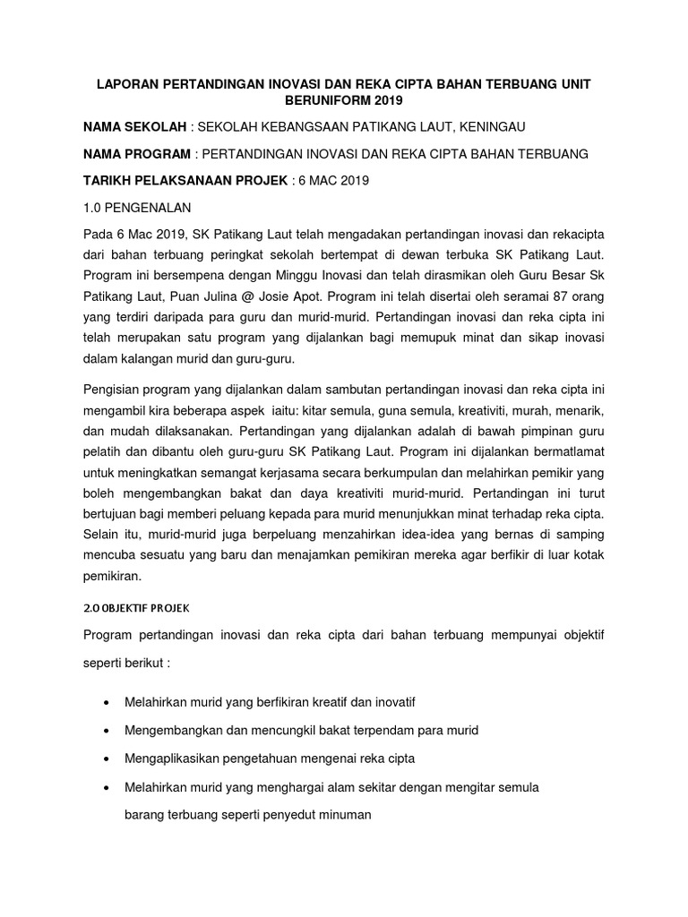 Laporan Pertandingan Inovasi Dan Reka Cipta Bahan Terbuang 