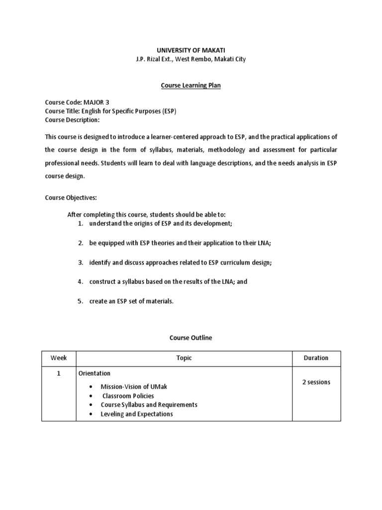 ESP Course Design and Syllabus Outline | PDF | Syllabus | Curriculum
