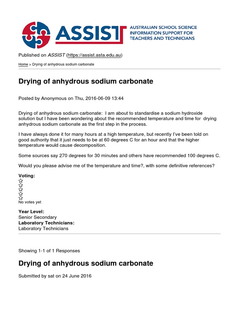 The Optimal Temperature and Duration for Drying Anhydrous Sodium
