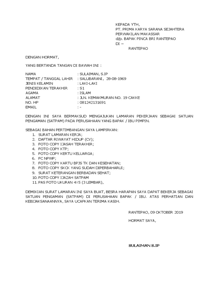Contoh Surat Lamaran Satpam Pdf