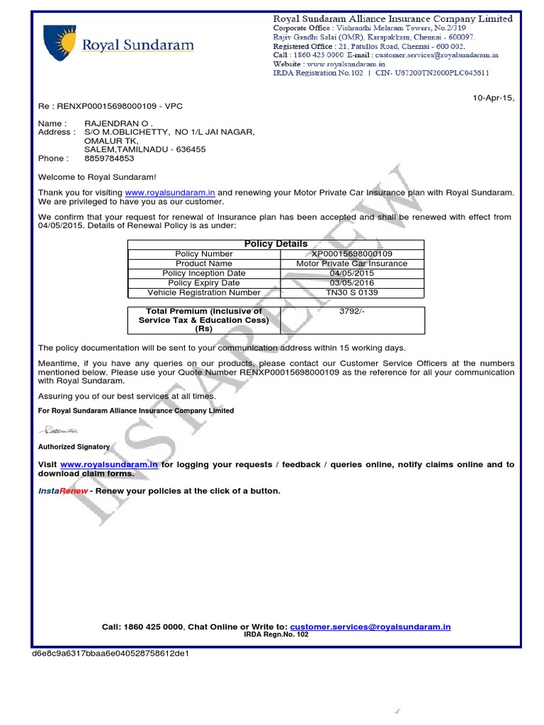 CAR - Royal Sundaram Policy - 2015 To 2015 MAY Month PDF | PDF