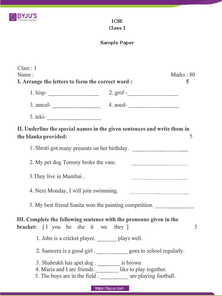 ICSE Class 1 English Language Sample Paper PDF Morphology Languages