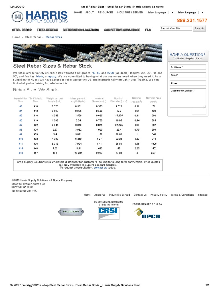 Steel Rebar Sizes Steel Rebar Stock Harris Supply Solutions PDF