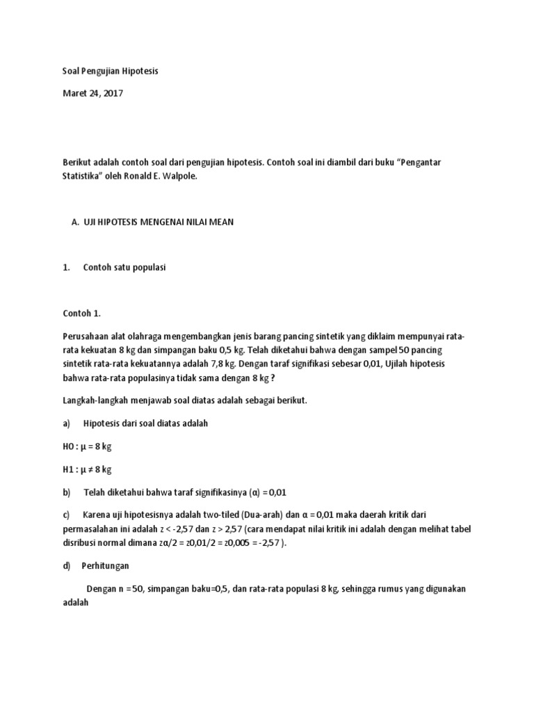 Soal Pengujian Hipotesis