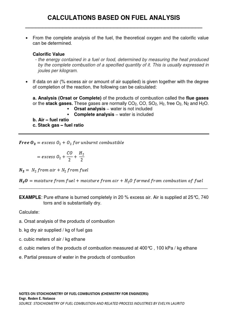 Calculations Based On Fuel Analysis PDF Combustion Stoichiometry