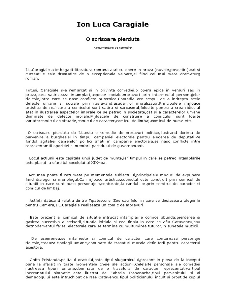 O Scrisoare Pierduta Modul Din Care Se Reflecta O Tema O Scrisoare Pierduta | PDF
