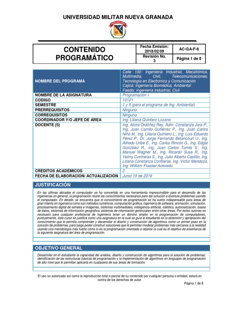 Contenido Programatico - 2019-2 PDF | PDF | Lenguaje de programación ...