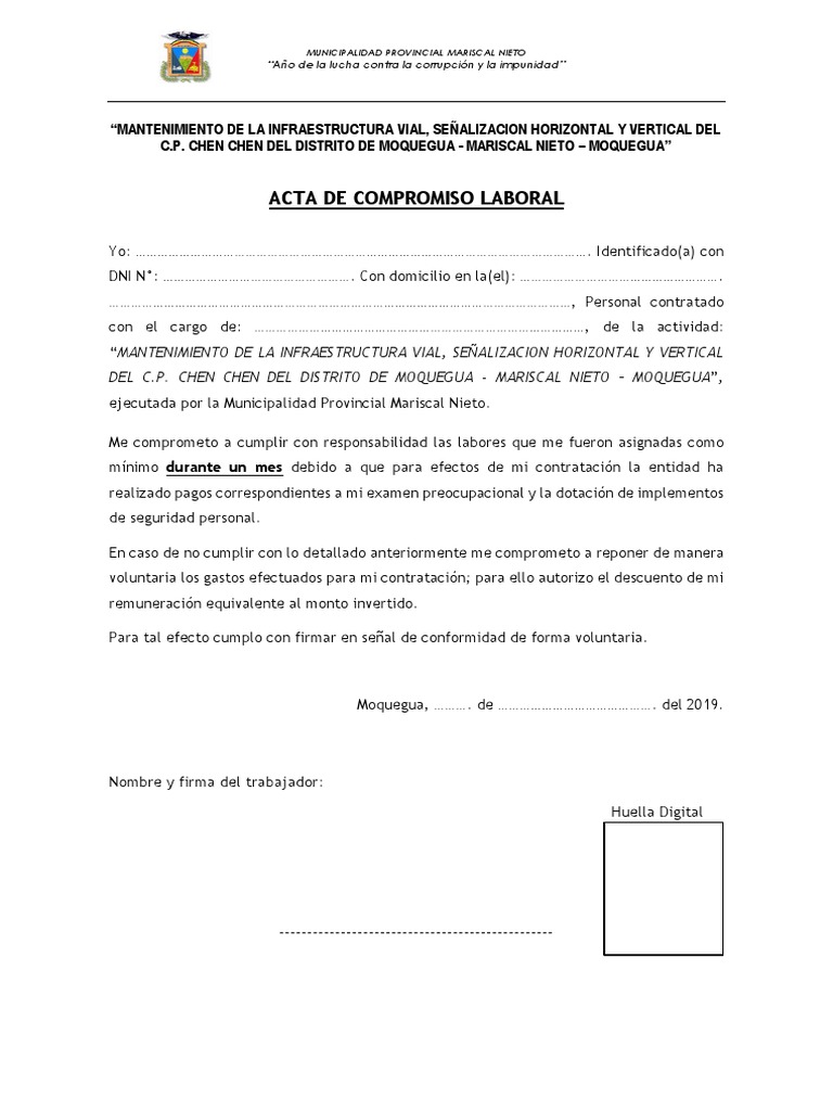 Acta de Compromiso Laboral Chen Chen | PDF | Finanzas y dinero