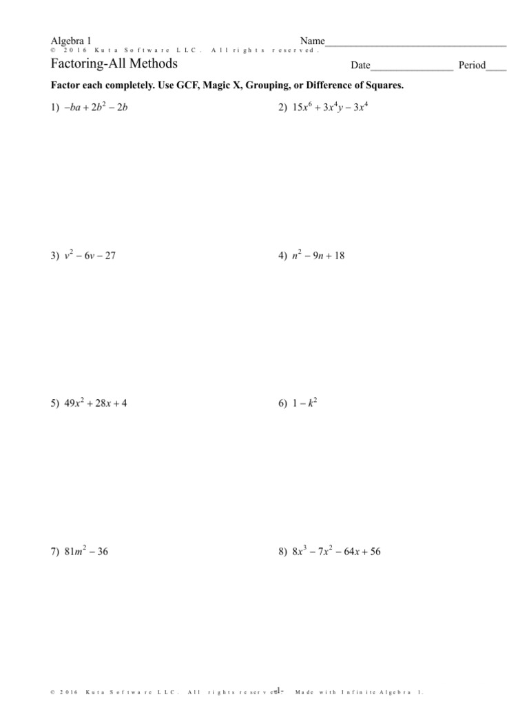 Factoring  PDF Within Algebra 1 Factoring Worksheet