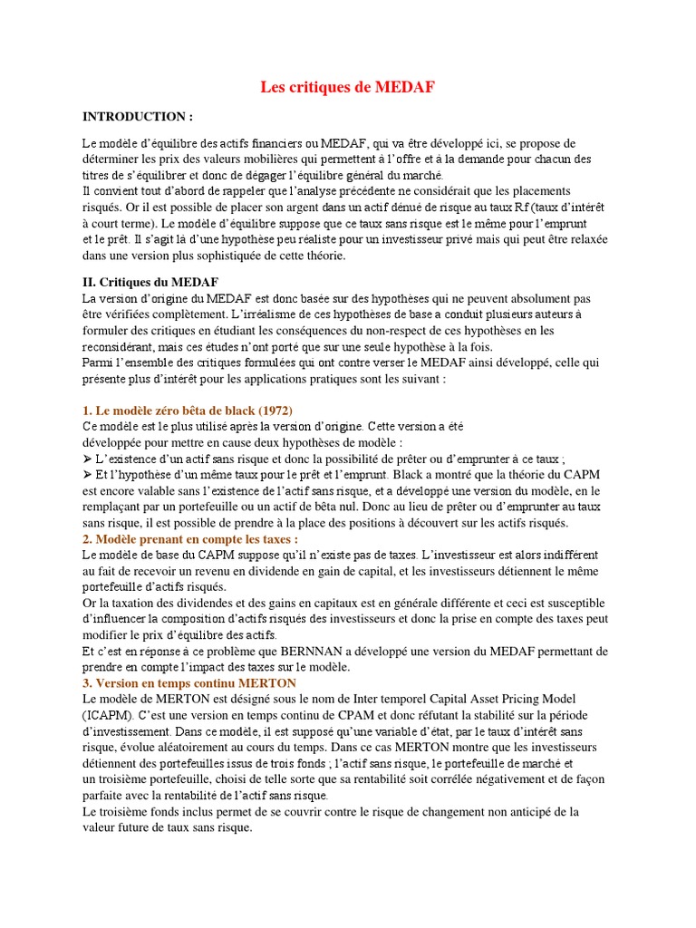 Critiques du modèle MEDAF | PDF | Modèle d'évaluation des actifs ...
