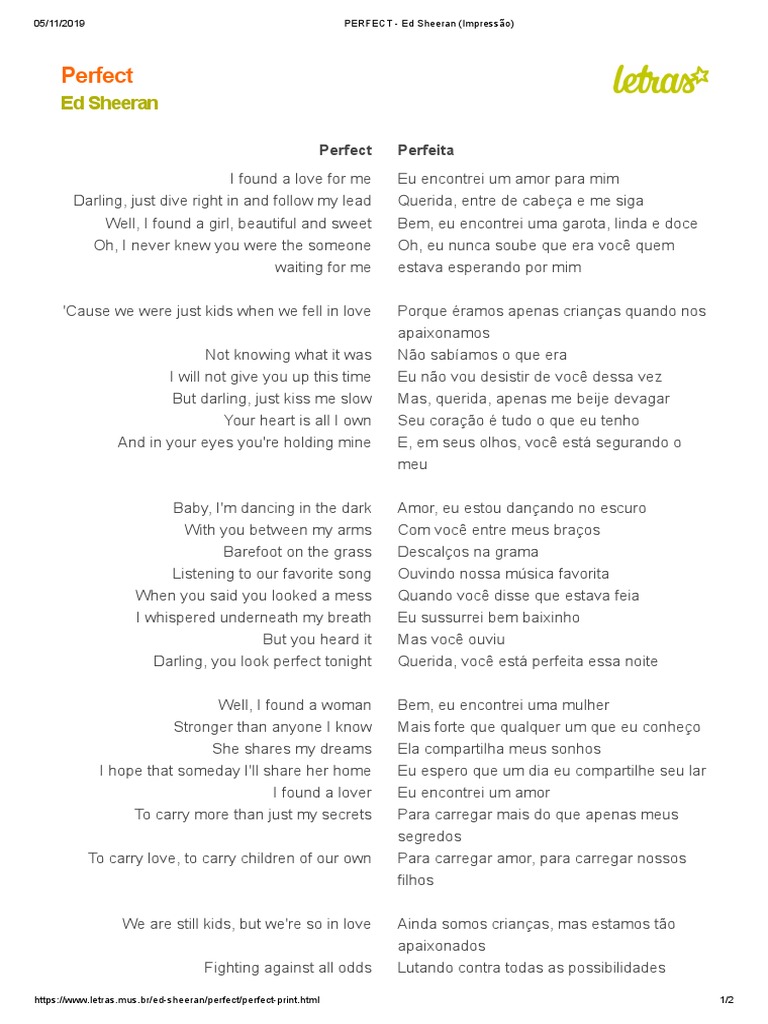 PERFECT - Ed Sheeran (Impressão), PDF, Música pop