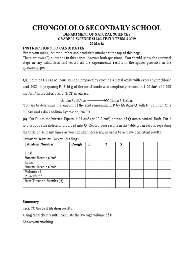 Science Practical Test 1 | PDF | Titration | Chemistry