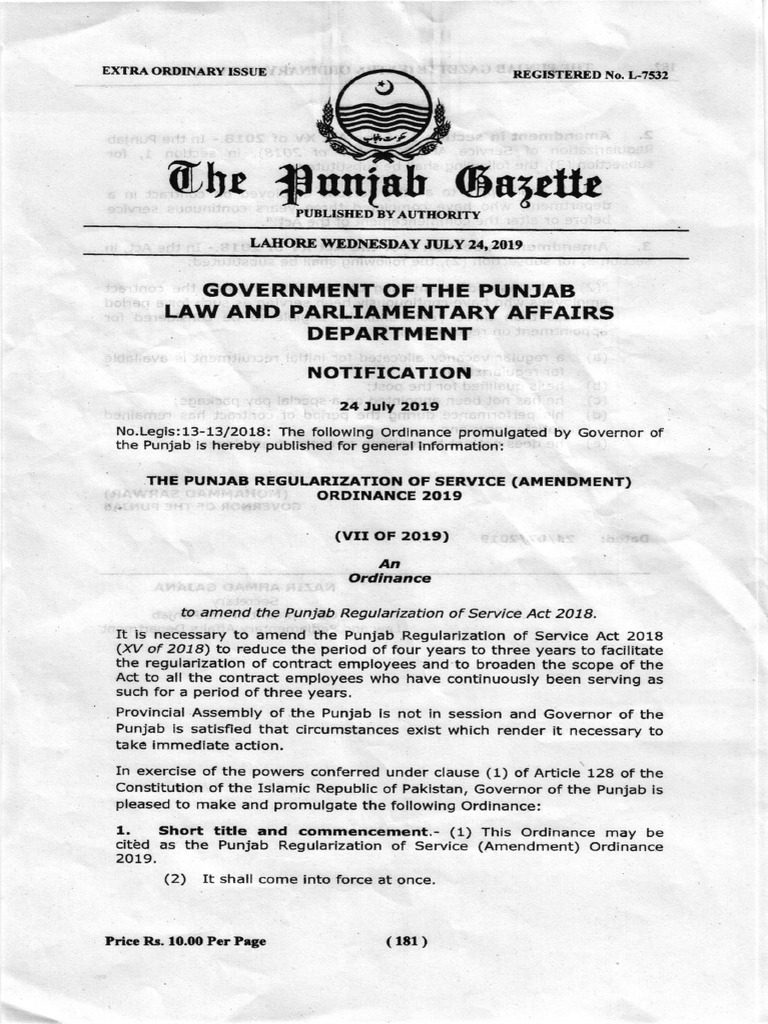 Punjab Regularization of Service Amendment Ordinance 2019 PDF | PDF