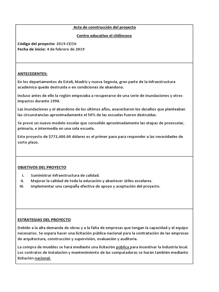 Acta de Construcción Del Proyecto 1 | PDF | Economias | Educación avanzada