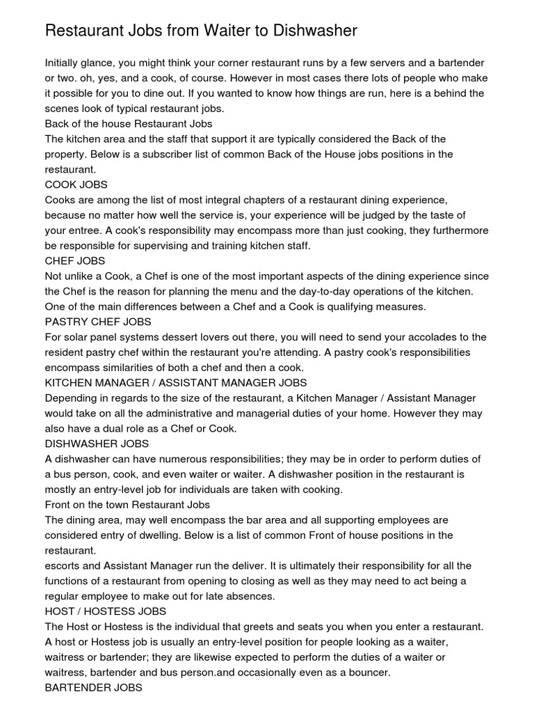 Overview of Restaurant Job Roles | PDF | Waiting Staff | Chef