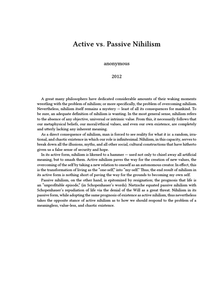 Anonymous Active Vs Passive Nihilism PDF Nihilism Ethical Theories