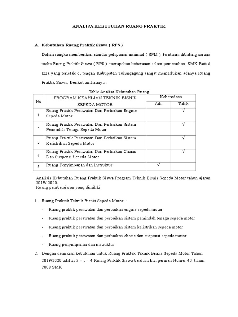 Analisa Kebutuhan Ruang Praktik Tata Busana | PDF