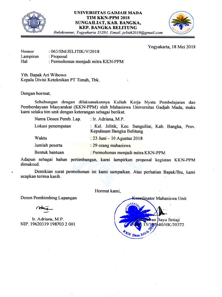 Surat Pengantar Kemitraan KKN PPM UGM 2018 | PDF