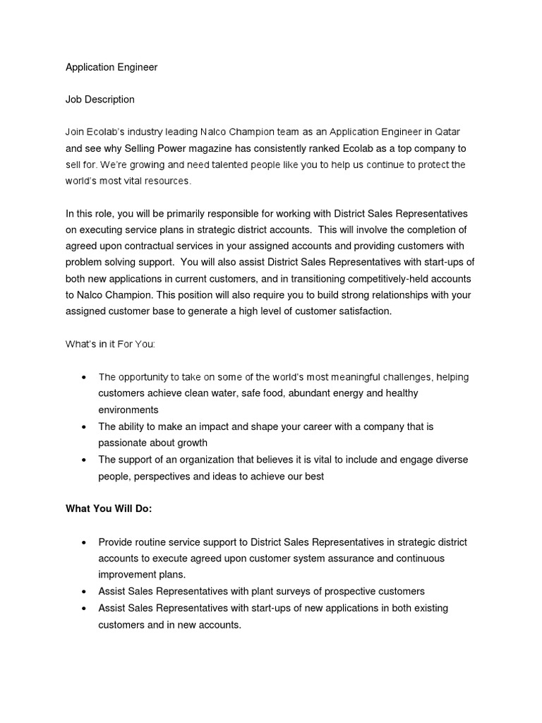 Application Engineer Job Overview in Qatar | PDF | Sales | Affirmative ...