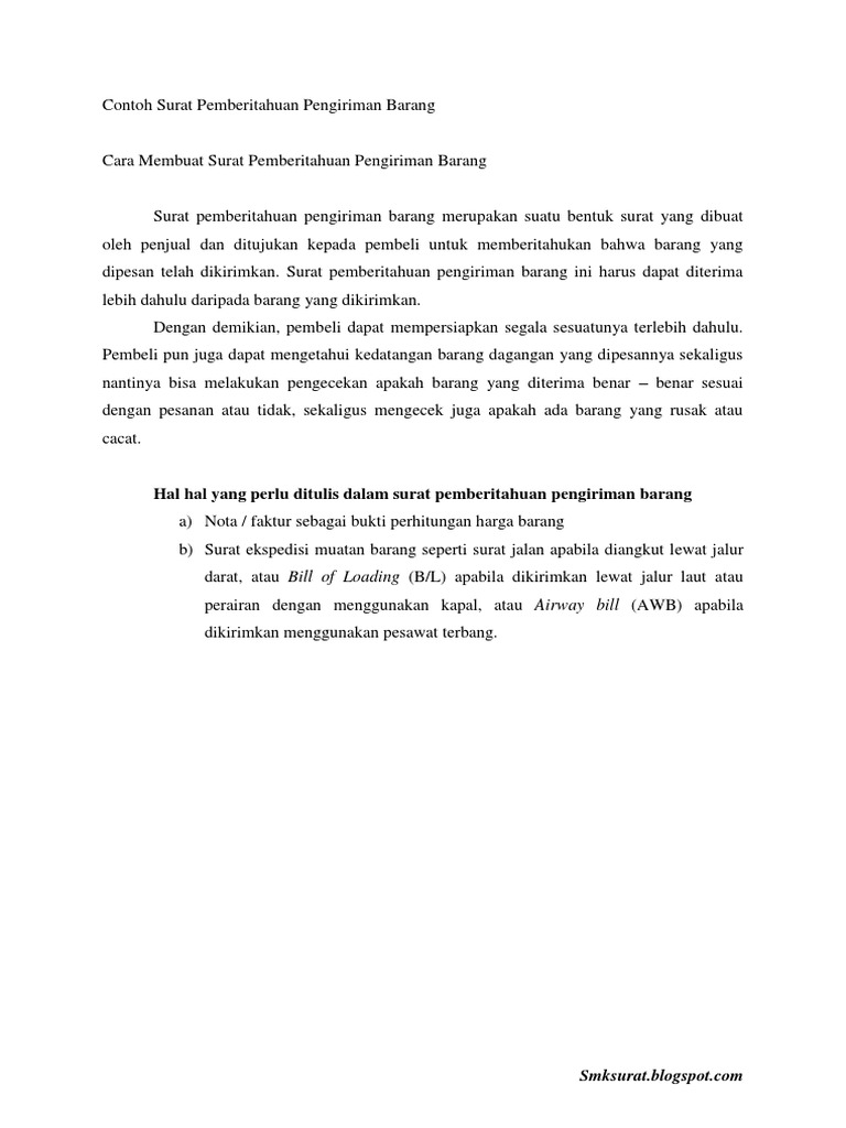 Contoh Surat Pemberitahuan Pengiriman Ba Pdf