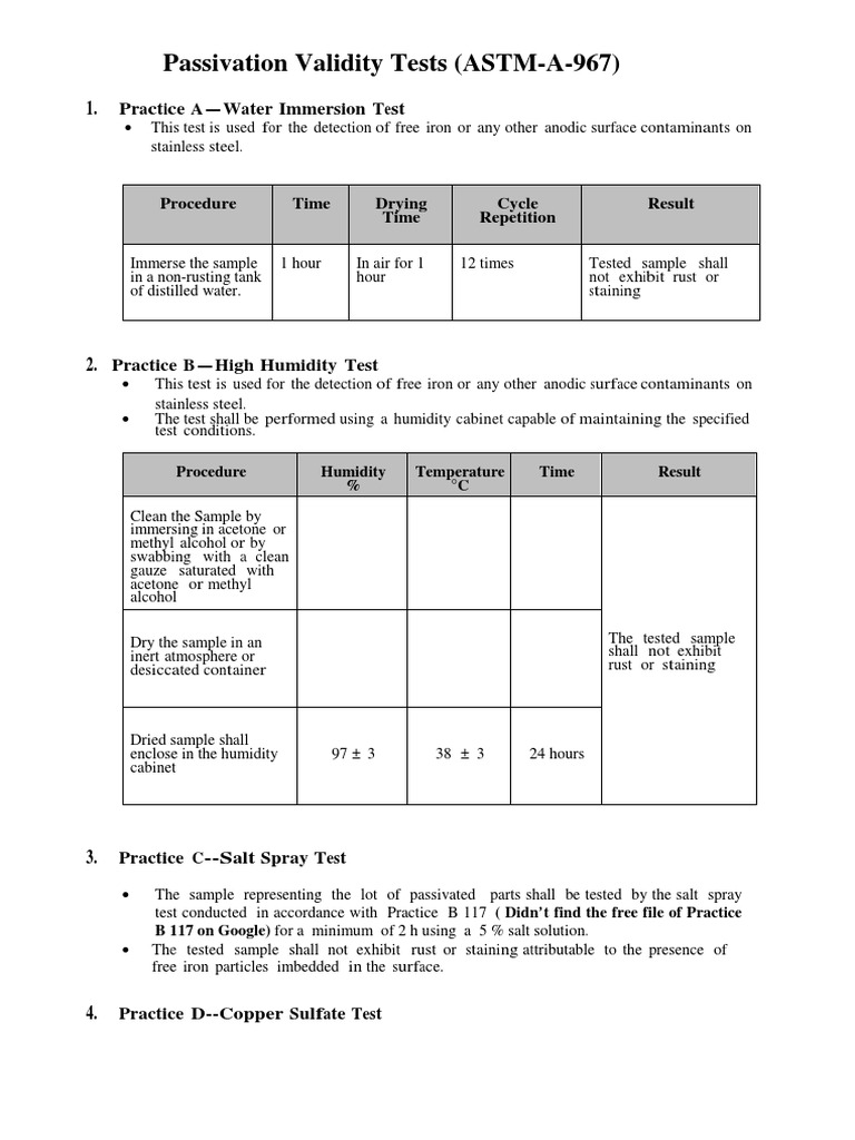 ASTM A967 Passivation Validity Tests | PDF | Stainless Steel | Nitric Acid