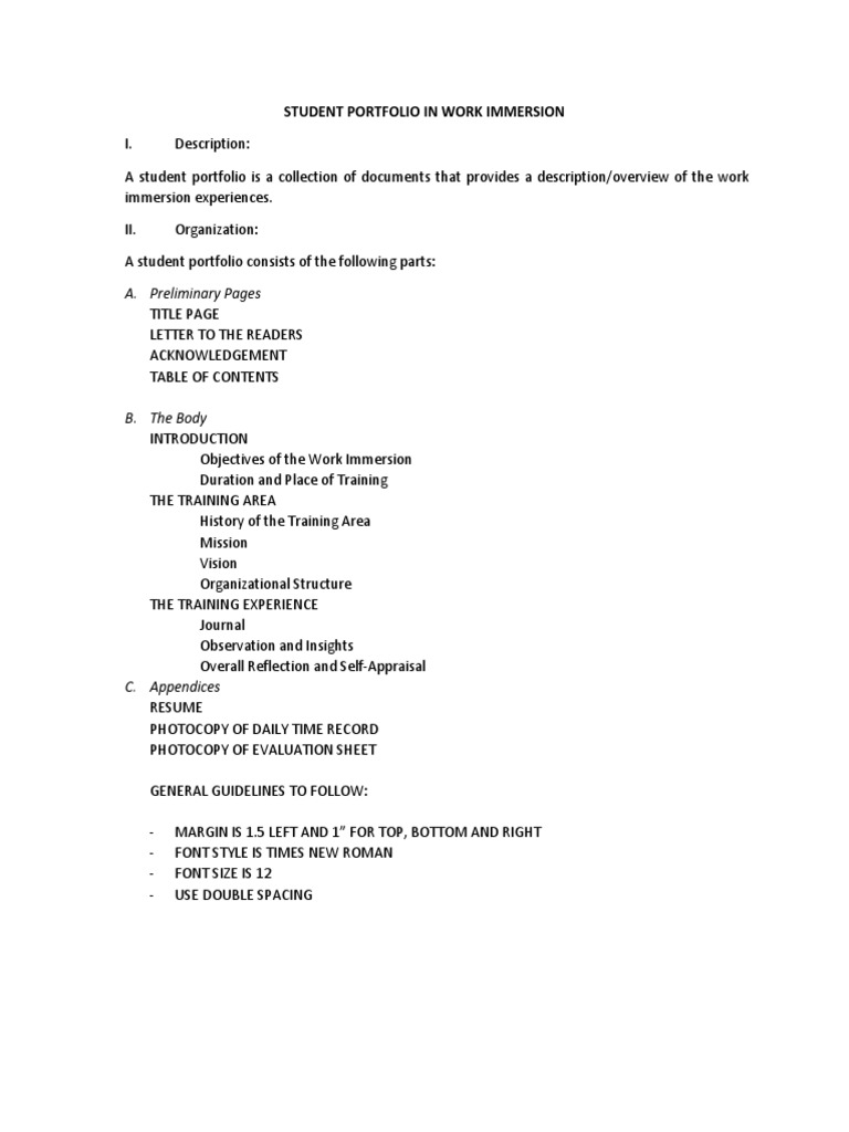 Work Immersion Portfolio Structure | PDF | Cognition | Learning