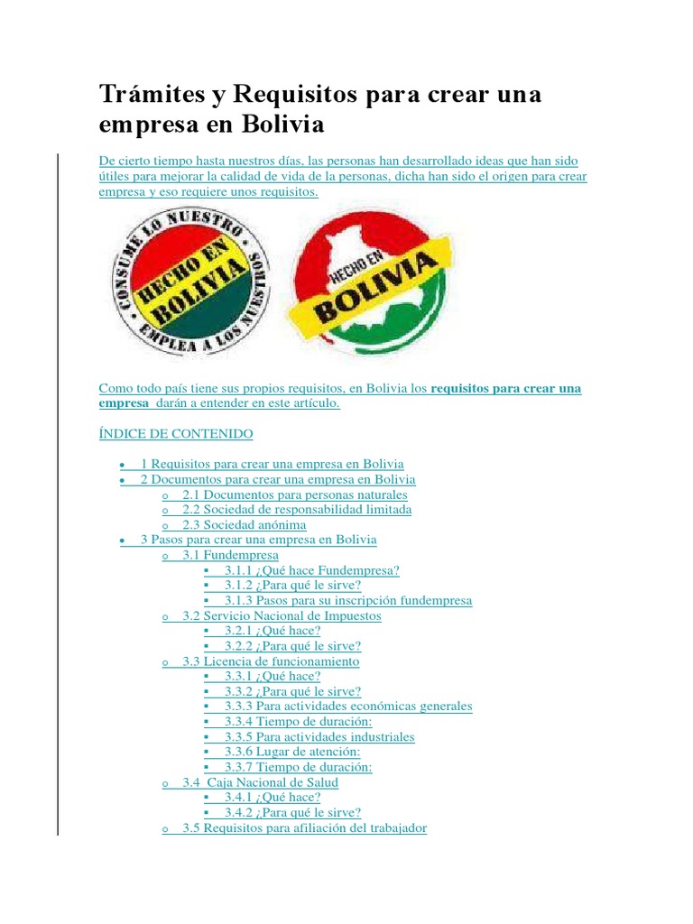 Trámites y Requisitos para Crear Una Empresa en Bolivia | PDF ...
