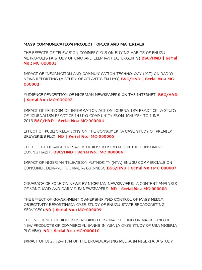 Mass Communication Project Topics List | PDF | Journalism | Advertising