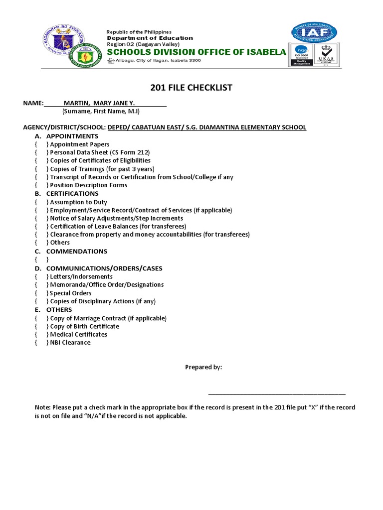 201 File Checklist PDF