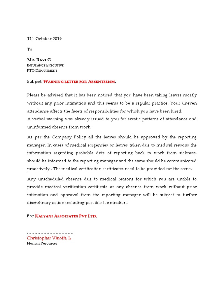 Warning Letter For Absenteeism PDF