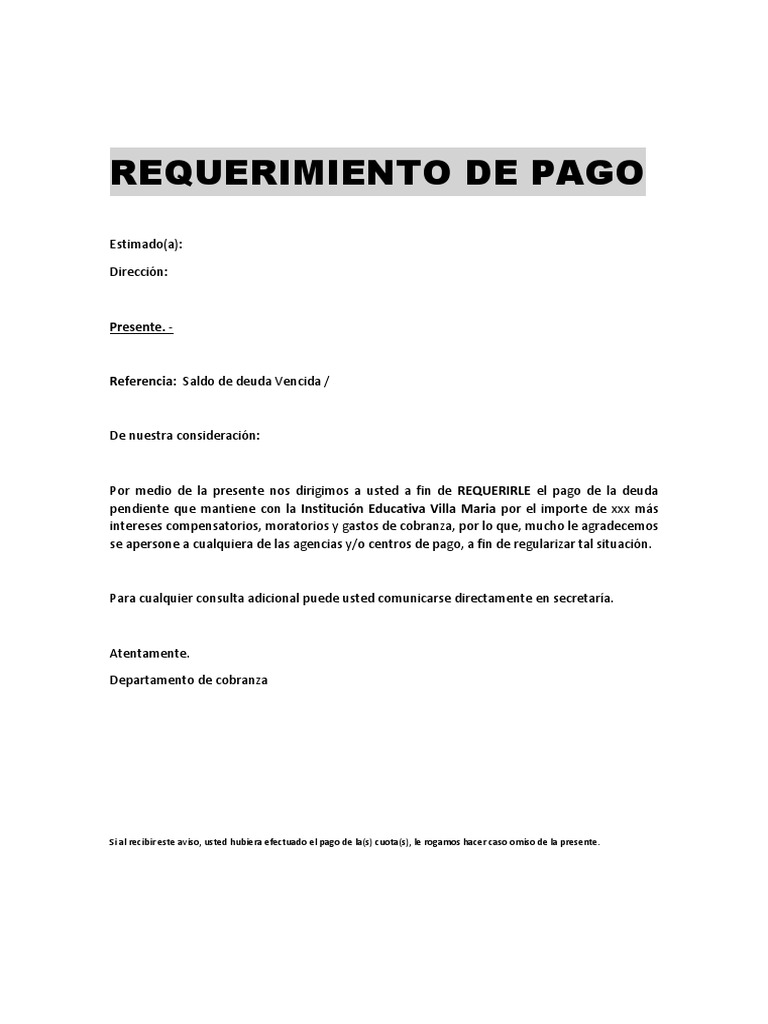 Solicitud de pago de deuda vencida en la Institución Educativa Villa