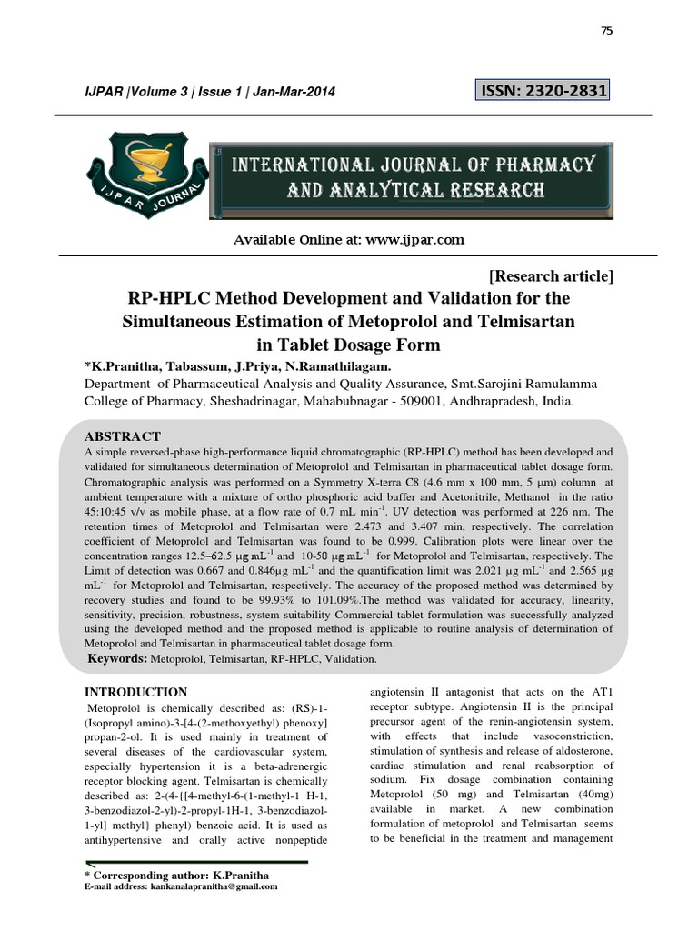 RP-HPLC Method for Metoprolol and Telmisartan | PDF | High Performance ...