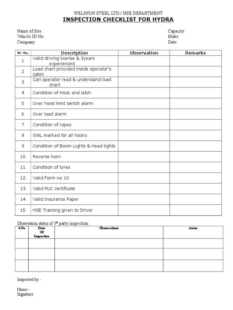 Inspection Checklist For Hydra PDF