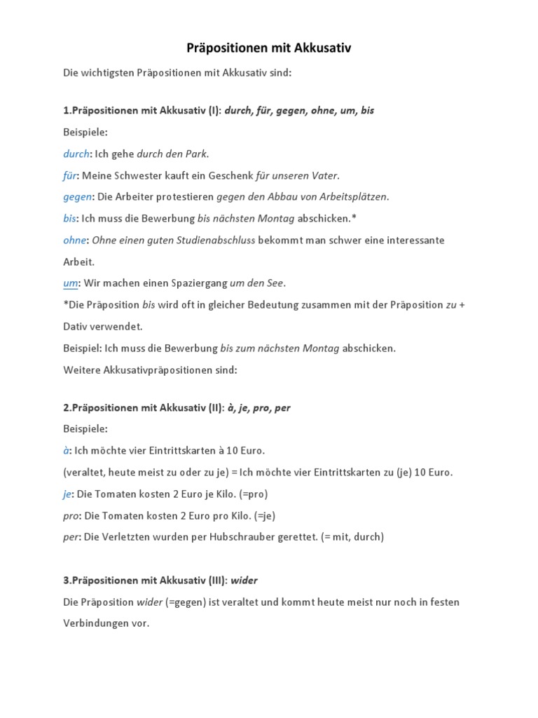 Prapositionen Mit Akkusativ