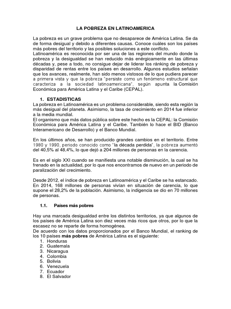 Pobreza en Latinoamérica: Causas y Rankings | PDF | Pobreza | Pobreza e ...