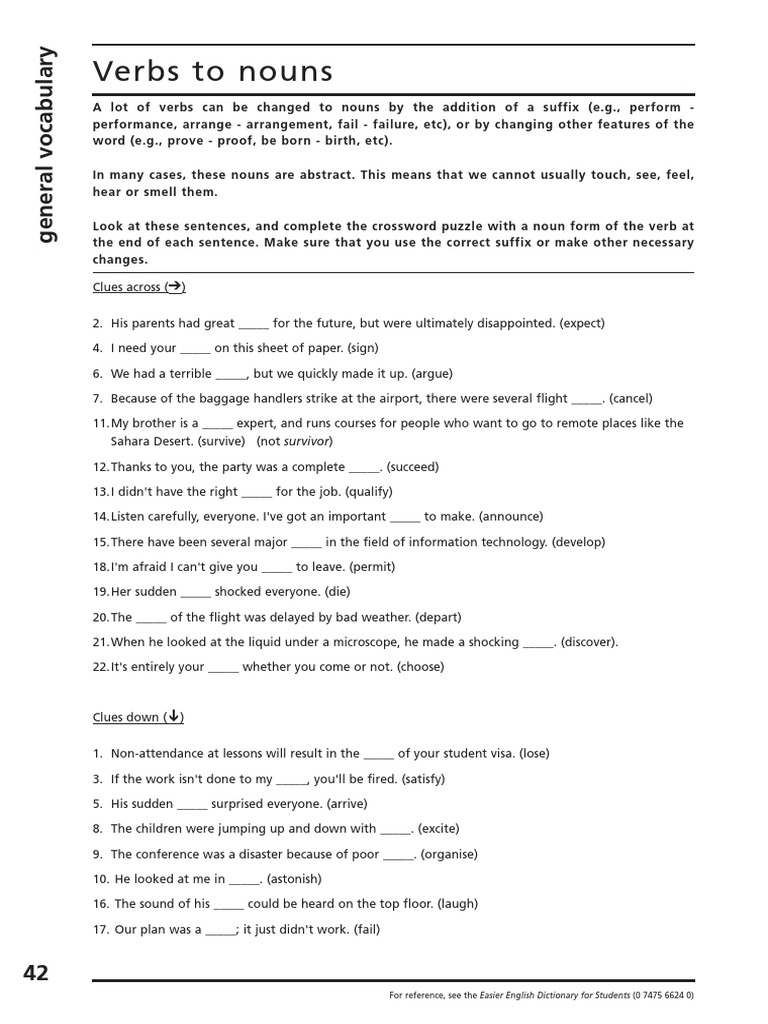 Verb To Noun PDF Crossword Verb
