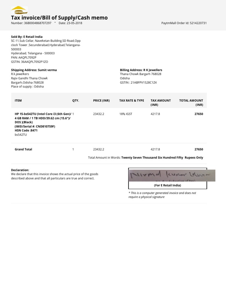 HP Laptop Invoice - May 2018 | PDF