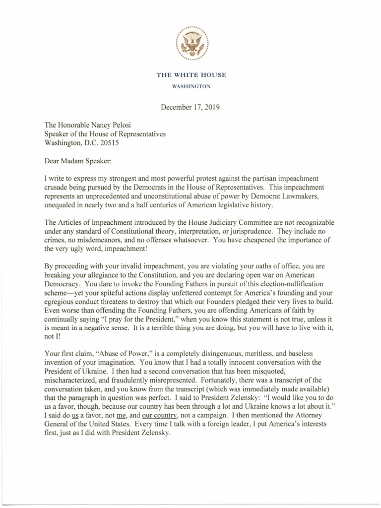 Letter From President Trump to House Speaker Nancy Pelosi ...