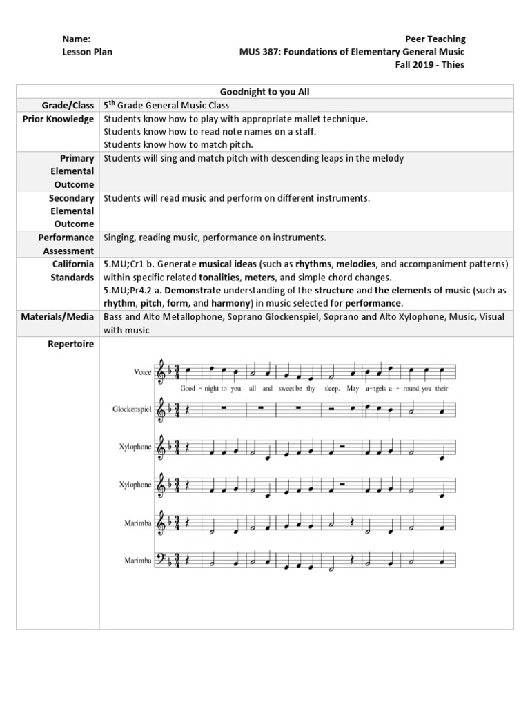 5th Grade Orff Lesson Plan: Goodnight Song | PDF | Teachers | Behavior ...