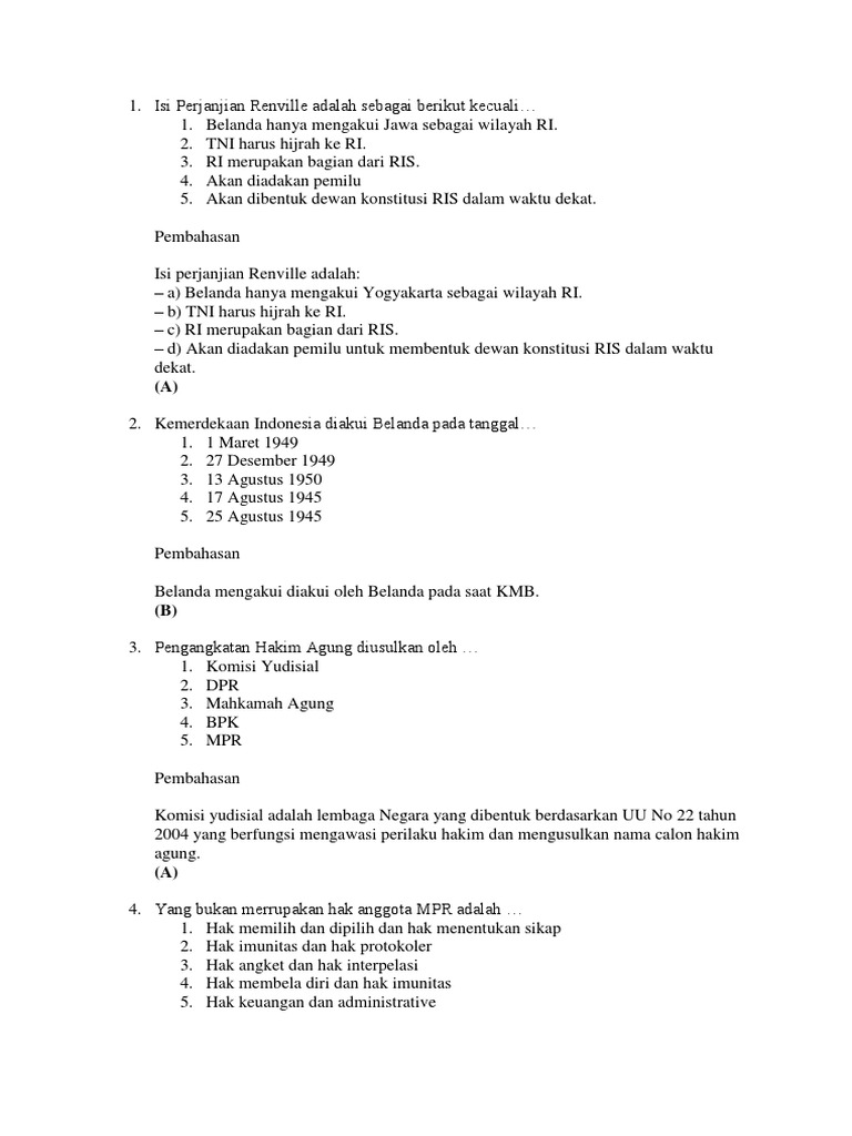 Isi Perjanjian Renville Adalah Sebagai Berikut Kecuali