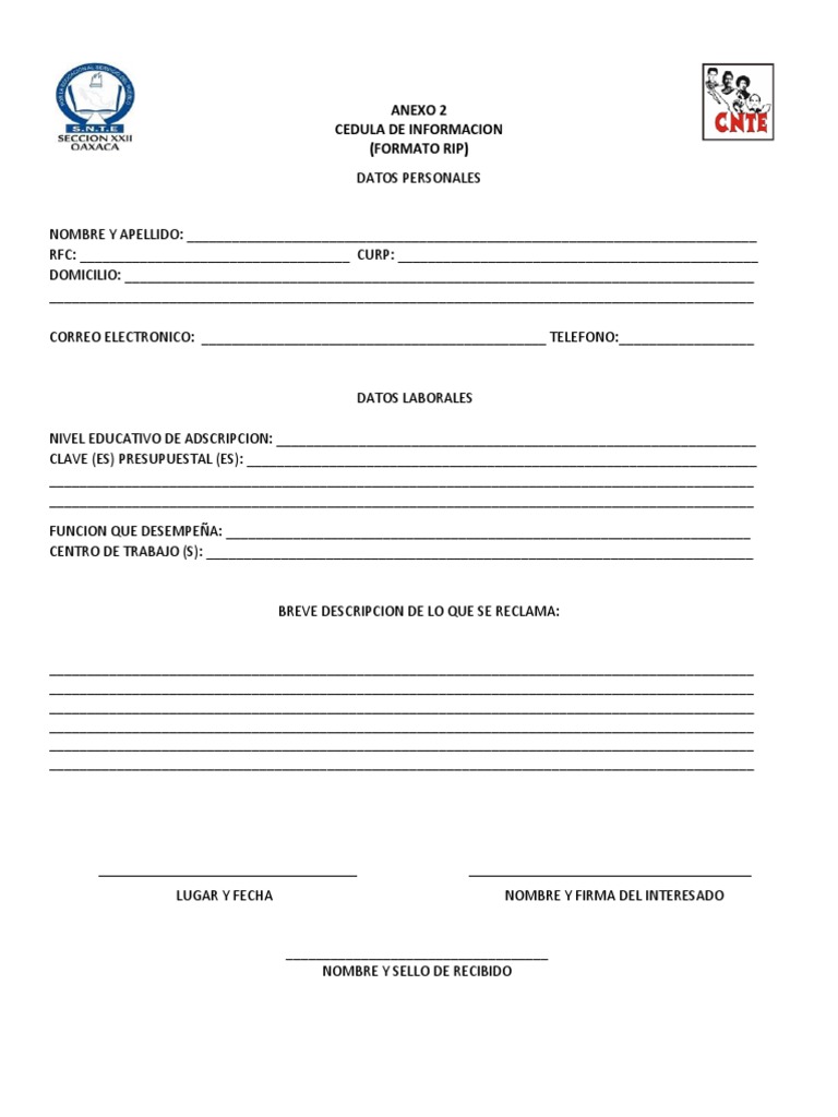 Formato RIP: Cédula de Información Personal y Laboral | PDF ...