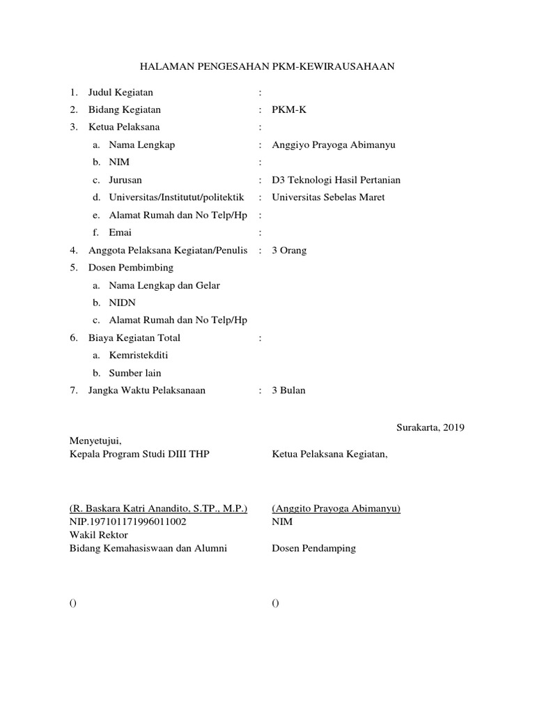 Halaman Pengesahan PKM | PDF