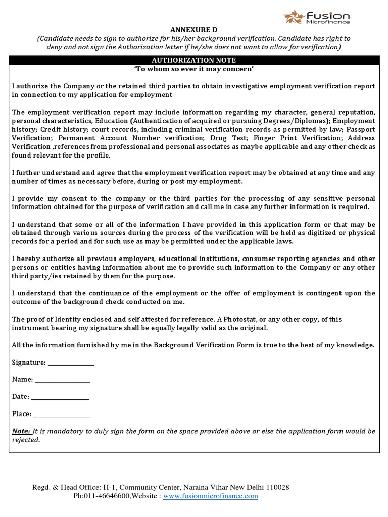 Background Verification Authorization Form | PDF | Background Check ...